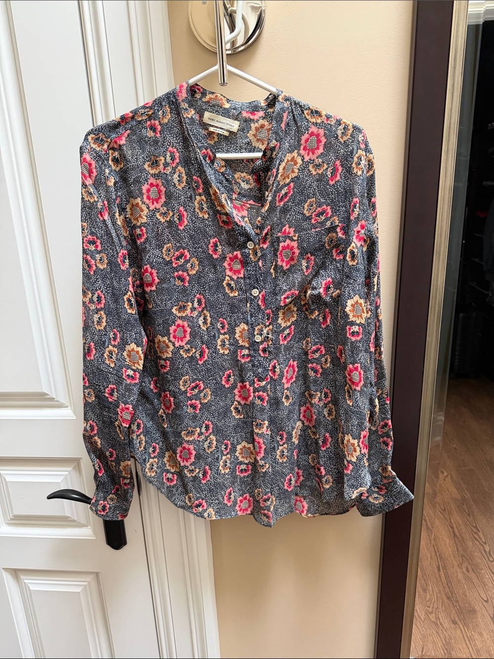Isabel Marant Gray Button-Down Blouse with Pink & Peach Floral Print